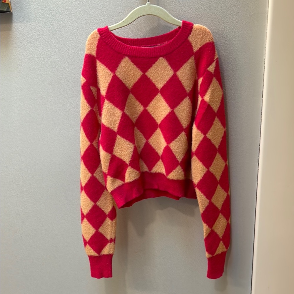 Zara Pink and Tan Cropped Argyle Sweater